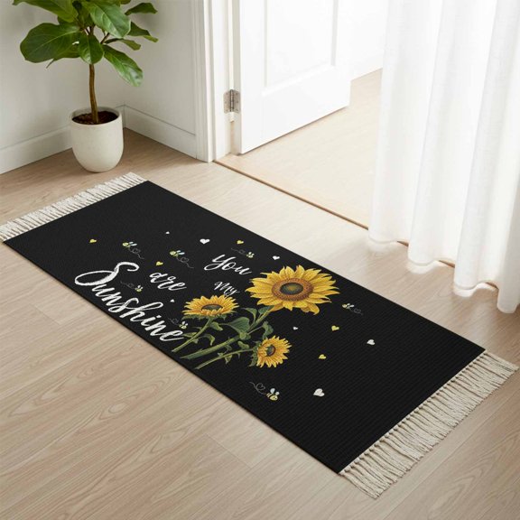 Kitchen Runner Rugs, Watercolor Sunflower Bee Love 2'x4' Throw Rug with Tassels, Sunshine Quote Black Back Washable Soft Floor Carpet Runner for Hallway Bedroom Bathroom Laundry Room