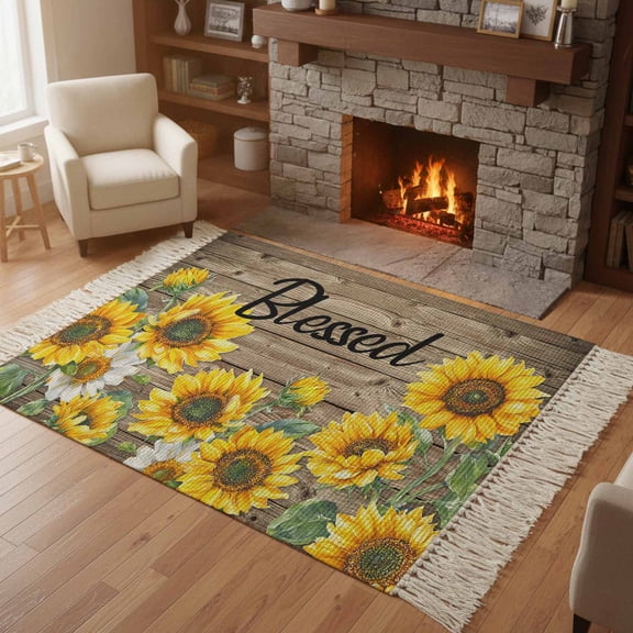 Kitchen Runner Rugs, Watercolor Sunflower Blessed Quote 4'x6' Throw Rug with Tassels, Farm Brown Wood Board Washable Soft Floor Carpet Runner for Hallway Bedroom Bathroom Laundry Room