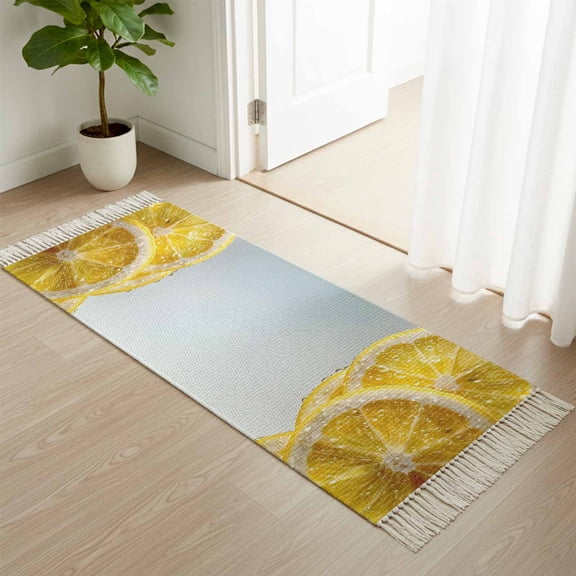 Kitchen Runner Rugs, Watercolor Yellow Lemon Slices 2'x4' Throw Rug with Tassels, Summer Fruit Washable Soft Floor Carpet Runner for Hallway Bedroom Bathroom Laundry Room