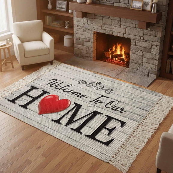 Kitchen Runner Rugs, Welcome to Our Home Quote 4'x6' Throw Rug with Tassels, Retro Farm Wood Grain Washable Soft Floor Carpet Runner for Hallway Bedroom Bathroom Laundry Room