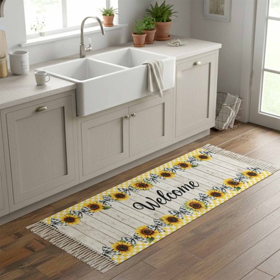 Kitchen Runner Rugs, Welcome Quote Sunflower Buffalo Bow 2'x6' Throw Rug with Tassels, Summer Floral on Wooden Washable Soft Floor Carpet Runner for Hallway Bedroom Bathroom Laundry Room