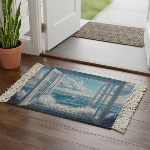 Kitchen Runner Rugs, Window Blue Sky Sea Wave Nautical 2'x3' Throw Rug with Tassels, Coastal Ocean Washable Soft Floor Carpet Runner for Hallway Bedroom Bathroom Laundry Room