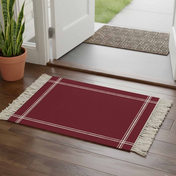 Kitchen Runner Rugs, Wine Red Dark Maroon 2'x3' Throw Rug with Tassels, Burgundy Red Washable Soft Floor Carpet Runner for Hallway Bedroom Bathroom Laundry Room