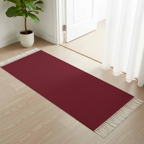 Kitchen Runner Rugs, Wine Red Dark Maroon 2'x4' Throw Rug with Tassels, Burgundy Red Washable Soft Floor Carpet Runner for Hallway Bedroom Bathroom Laundry Room
