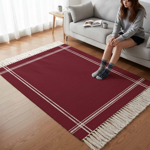 Kitchen Runner Rugs, Wine Red Dark Maroon 3'x5' Throw Rug with Tassels, Burgundy Red Washable Soft Floor Carpet Runner for Hallway Bedroom Bathroom Laundry Room