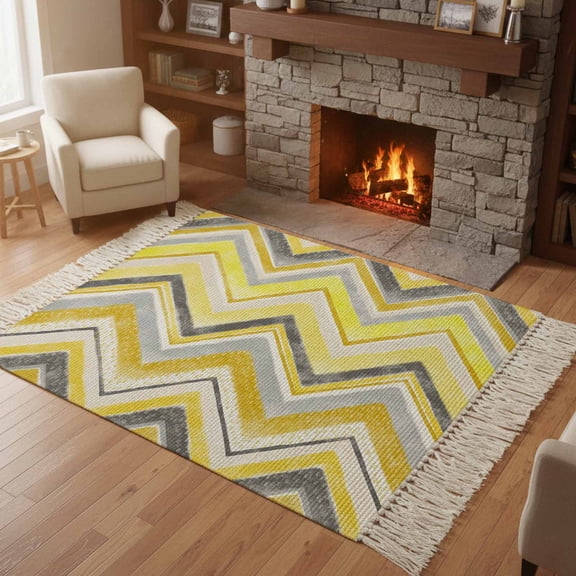 Kitchen Runner Rugs, Yellow Gray Gradient Zigzag Stripe 4'x6' Throw Rug with Tassels, Nordic Style Abstract Art Washable Soft Floor Carpet Runner for Hallway Bedroom Bathroom Laundry Room