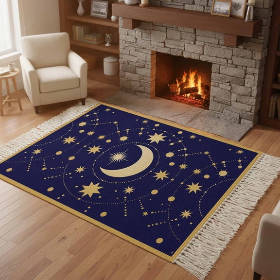 Kitchen Runner Rugs, Yellow Moon Star 4'x6' Throw Rug with Tassels, Abstract Polka Dot on Dark Blue Washable Soft Floor Carpet Runner for Hallway Bedroom Bathroom Laundry Room