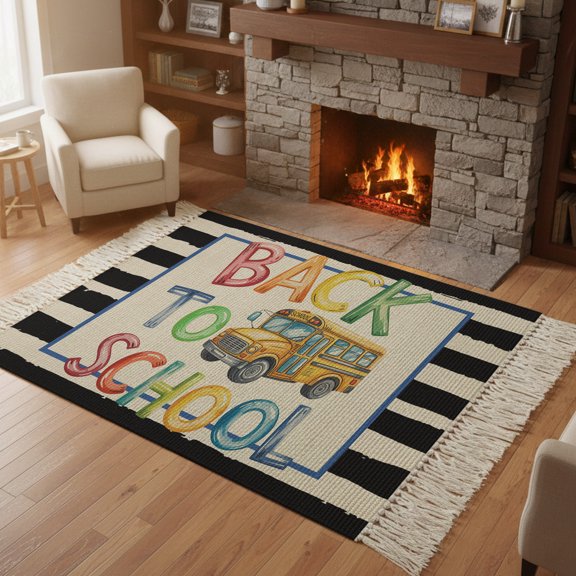 Kitchen Runner Rugs, Yellow School Bus Black Stripe Linen 4'x6' Throw Rug with Tassels, Back to School Washable Soft Floor Carpet Runner for Hallway Bedroom Bathroom Laundry Room