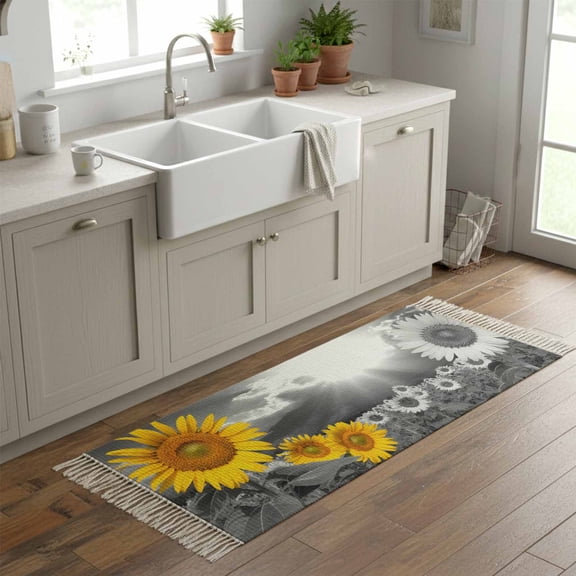 Kitchen Runner Rugs, Yellow Sunflower Field 2'x6' Throw Rug with Tassels, Modern Grey Floral Partial Color Art Washable Soft Floor Carpet Runner for Hallway Bedroom Bathroom Laundry Room