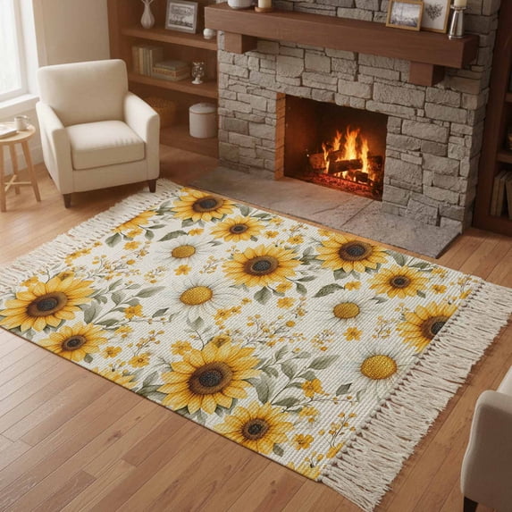 Kitchen Runner Rugs, Yellow Sunflower Spring Blossom Floral 4'x6' Throw Rug with Tassels, Wildflower Seamless Washable Soft Floor Carpet Runner for Hallway Bedroom Bathroom Laundry Room