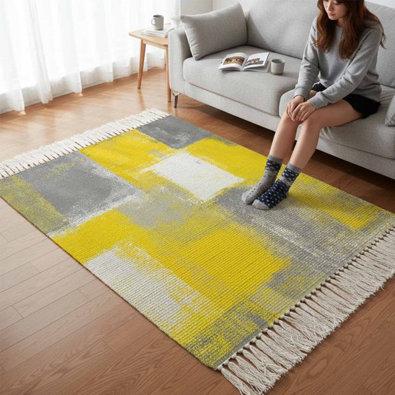 Kitchen Runner Rugs, Yellow Watercolor Oil Painting Art 3'x5' Throw Rug with Tassels, Gray Color Block Washable Soft Floor Carpet Runner for Hallway Bedroom Bathroom Laundry Room