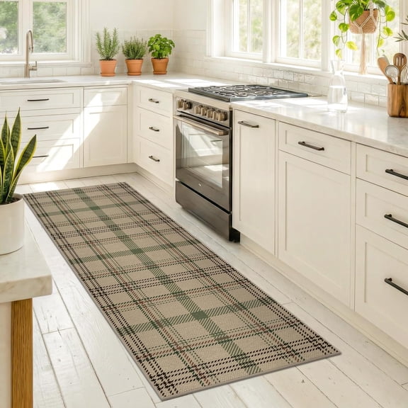 Kitchen Runners Non Skid Washable 6ft - Farmhouse 2x6 Jute Runner Rug for Hallway, Outdoor Carpet Entryway Indoor, Slip Woven Green Plaid Decor