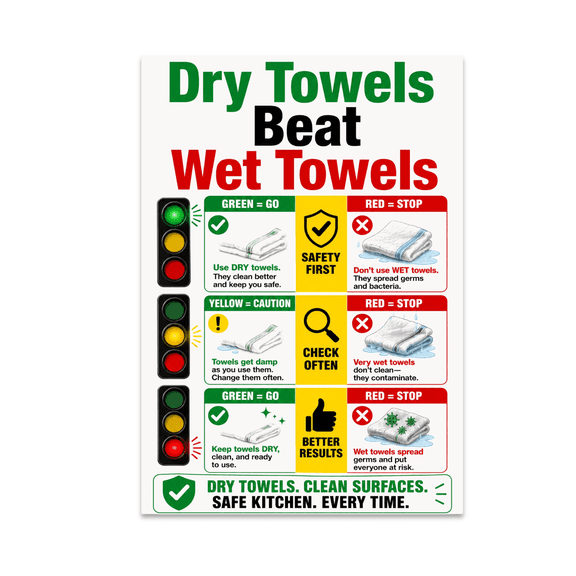 Kitchen Safety Advice - Dry Towels Beat Wet Towels - 13x19 Poster Print