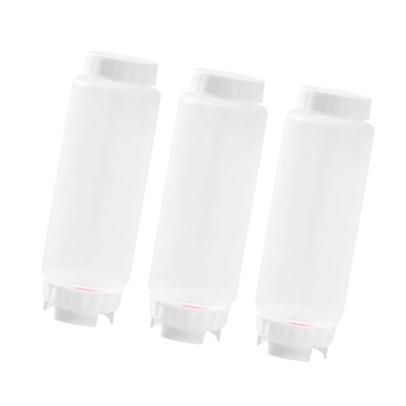 Kitchen Sauce Bottle Set, Two Spout Condiment Squeeze Trio with Flexible Bodies and Cover Caps for Cleaner Portioning