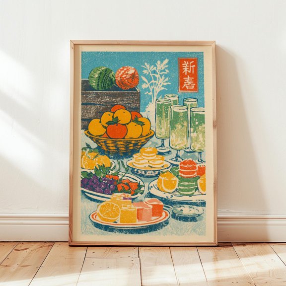 Kitchen Scene Illustration Orange Blue Japanese Style Food Table Art Vintage Wall Art