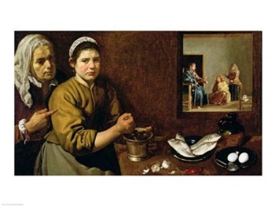 Kitchen Scene with Christ in the House of Martha and Mary Canvas Art - Diego Velazquez (24 x 18)
