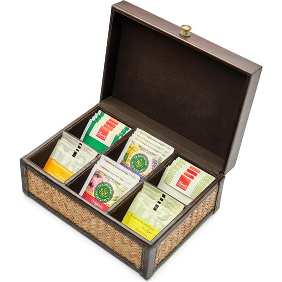 Kitchen Science Tea Bag Storage | Premium Tea Holder With Rattan and Leather Finish | Tea Bag Container with Six Compartments | Tea Bag Storage Organizer | Tea Box Organizer