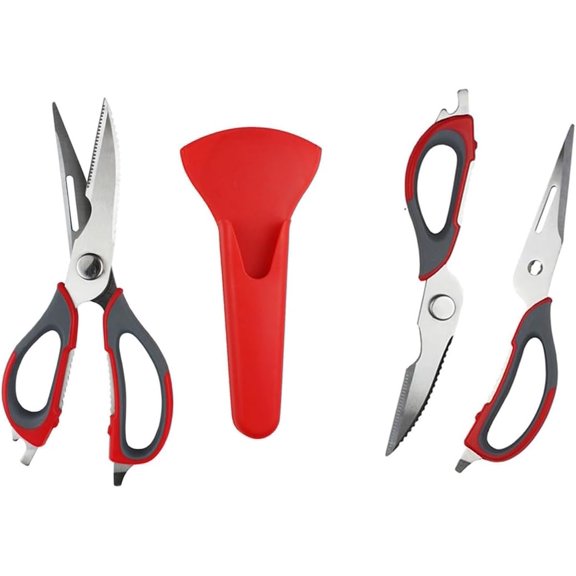 Kitchen Scissor, Professional Sturdy Stainless Steel Multipurpose Food Scissors with Cover, Heavy Duty Sharp Shear Cooking Scissors for Vegetables Meats Fish Scale, Bottle Opener (Red)