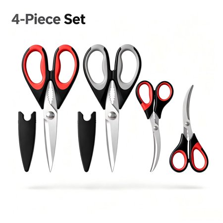 4pc Kitchen Scissors All Purpose Heavy Duty, Kitchen Utensils Set, Stainless Steel Cooking Utensils Gadgets, Meat Poultry Food Shears Dishwasher Safe Utility Tools Home Gift, with Protective Sheath
