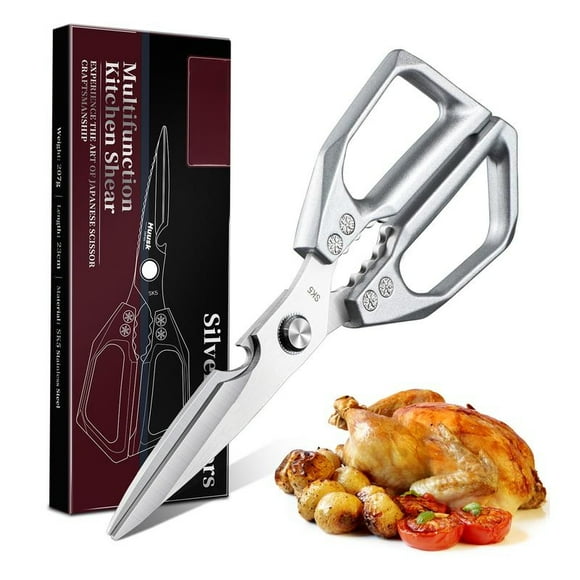 Kitchen Scissors All Purpose - Stainless Steel Kitchen Shears, Sharp Silver Meat Scissors, Dishwasher Safe, Heavy Duty Poultry Shears, Japanese Cooking Scissors for Food, Chicken Bones