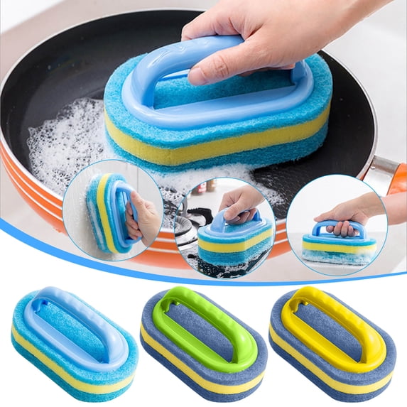 Kitchen Scrub Brush with Long Handle, Heavy Duty Dish Sponge with Scouring Pad for Pots Pans, Dense Thickened Scraper Brush for Stubborn Food & Grease, 2-in-1 Cleaning Tool