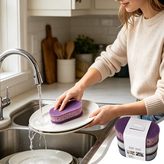 Kitchen Scrub Sponges 3 Pack - Double Sided Cleaning Sponge Set for Dishwashing, Non-Stick Cookware - Cellulose Scouring Pads for Pots, Pans, Countertops - Household Bathroom Cleaning Supplies