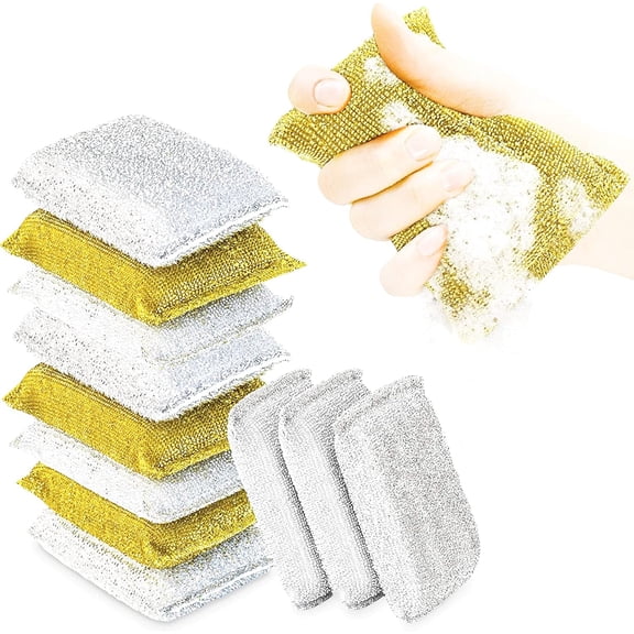 Kitchen Scrubbing Sponges - Heavy Duty Non-Scratch Scrubbing Cleaner Sponges in 2 Colors - Multi-Surface Non-Metal Dish Scouring Scrubbers for Fast Cleaning (Gold & Silver, 12)