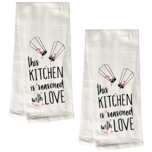 This Kitchen is Seasoned with Love, Two Pcs Cotton Soft and Absorbent Flour Sack Kitchen Towels Size: 16 X 28 Inches.