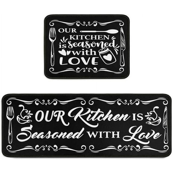 Our Kitchen is Seasoned with Love Kitchen Rugs Mat Farmhouse Style Anti Fatigue Kitchen Rug Set PVC Non Slip Waterproof Washable Rug (47.2x17.7 23.6x17.7)