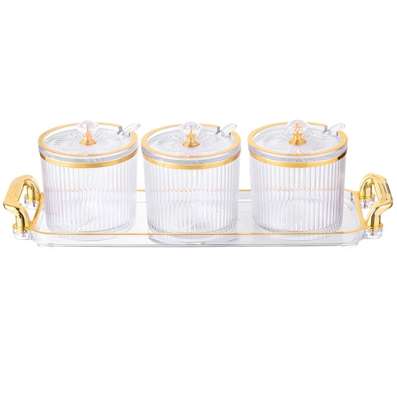 Kitchen Seasoning Organizer Set, 3 Lidded Spice Jars with Spoons & Serving Tray, Clear Plastic Condiment Canisters, Clear Kitchen Seasoning Box Set for Salt Paprika Sugar