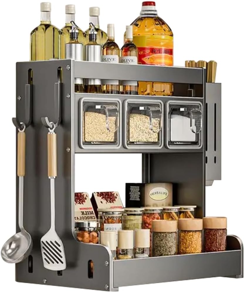 Kitchen Seasoning Shelf Spice Rack Wall Mount with Hooks and Utensil ...