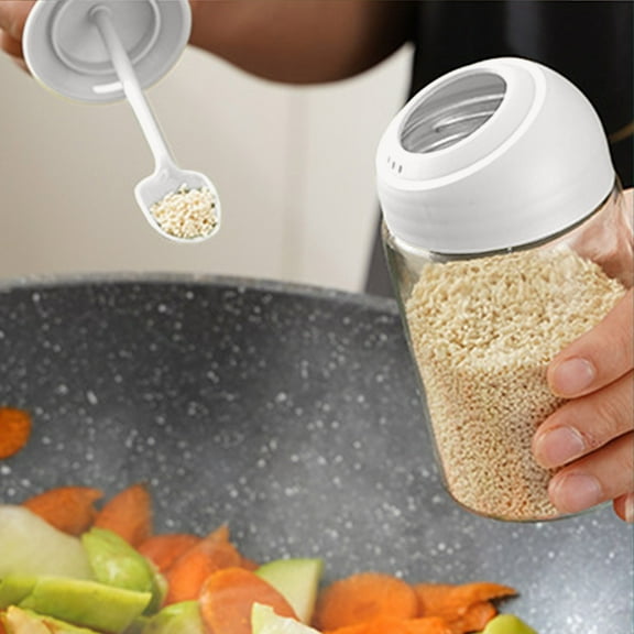 Kitchen Seasoning Storage Jar, Rvkxad Integrated Spoon Lid Glass Telescopic Spice Jar, 250ml 14x6.6cm Airtight Adjustable Sprinkler Spice Container for Herbs, White