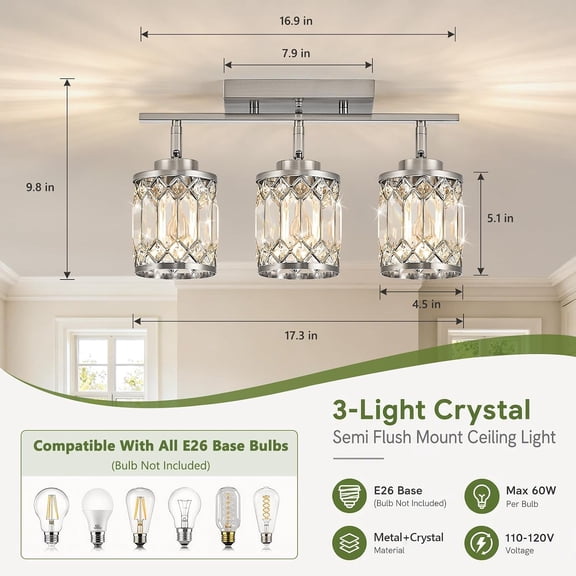 Kitchen Semi Flush Mount Ceiling Light, Brushed Nickel Bathroom Sink Light