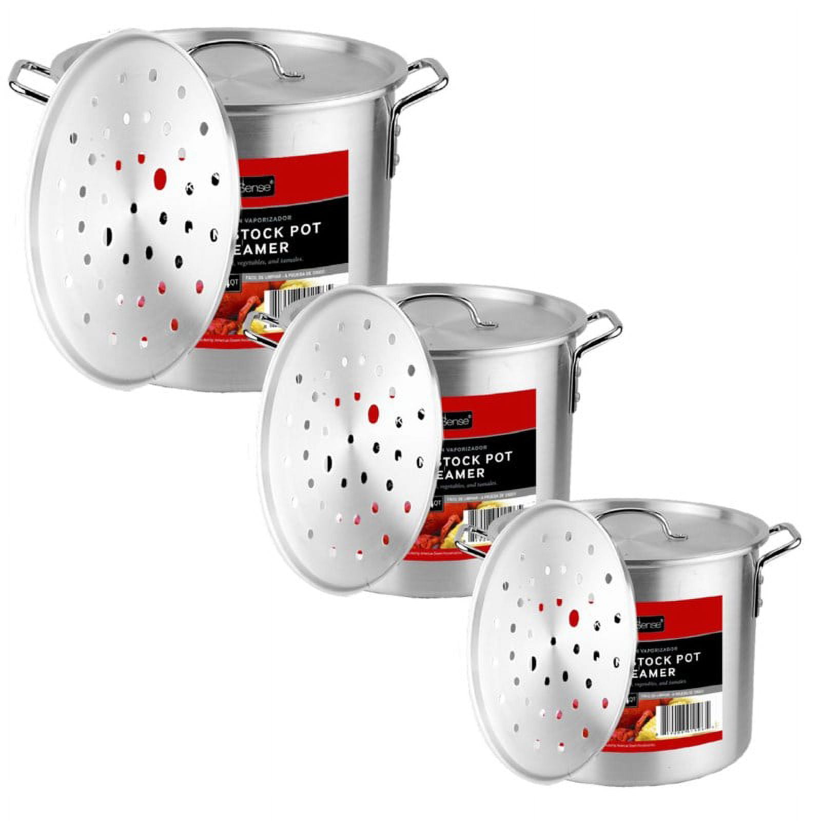 Kitchen Sense Aluminum Stock Pot with Steamer 4 piece Set of 8 quart (2  gallon), 12 quart (4 gallon), 16 quart (4 gallon), and 20 quart (5 gallon).