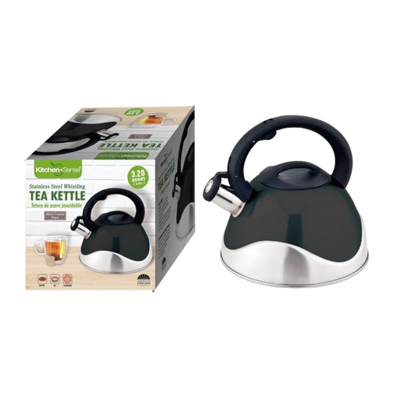 American Dream Home Goods 3L Stainless Steel Stovetop Whistling Tea Kettle with Cool Touch Nylon Handle, Black
