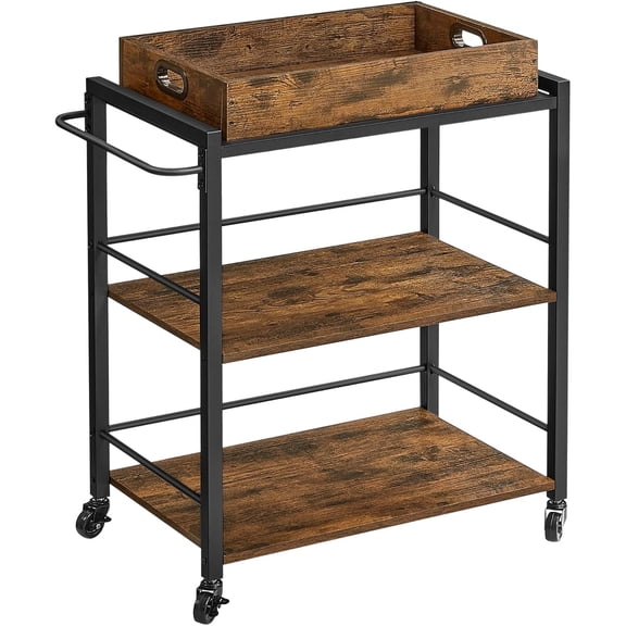Kitchen Serving Cart with Removable Tray, 3-Tier Kitchen Utility Cart on Wheels with Storage, with Brakes, Leveling Feet, 15.7 x 28.3 x 33.9 Inches, Rustic Brown and Black