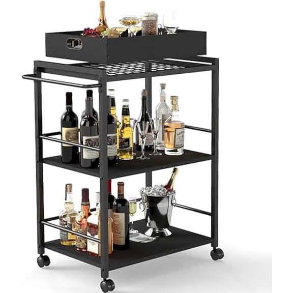 Kitchen Serving Cart with Wheels, Rolling Bar Cart for Home, Large 3 Tier with Detachable Server for Coffee, Tea, or Beverage Service, Rustic Farmhouse Design, Black$$Furniture