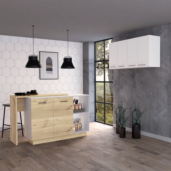 Kitchen Set: White and Light Oak Island & Wall Cabinet / Spacious Storage for Kitchen