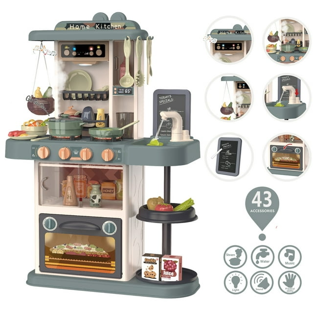 Kitchen Set for Kids 43 Pcs New Model Pretend Play Cook W Light Steam