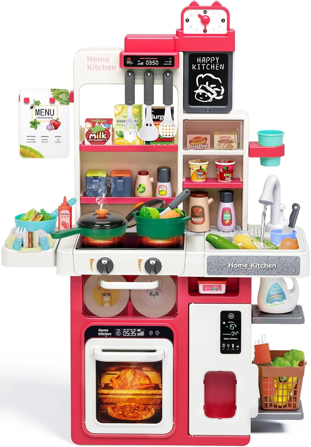Kids Play Kitchen Set 63 Pices, Toddler Kitchen Playset with Sound & Light, Cooking Stove with Steam, Play Sink, Play Food Toy and Kitchen Accessories Girls Boys +3 by Mundo Toys.