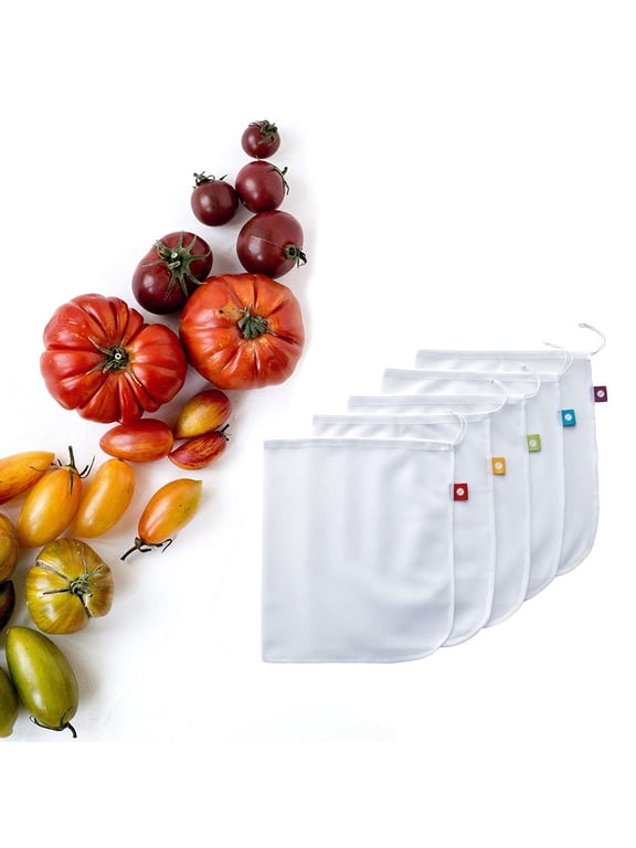 Kitchen Set of Mesh Reusable Washable Bags for Vegetables and Produce Storage Easy Open Eco Friendly Organizers,One Size,White