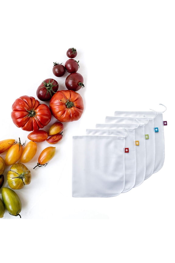 Kitchen Set of Mesh Reusable Washable Bags for Vegetables and Produce Storage Easy Open Eco Friendly Organizers,One Size,White