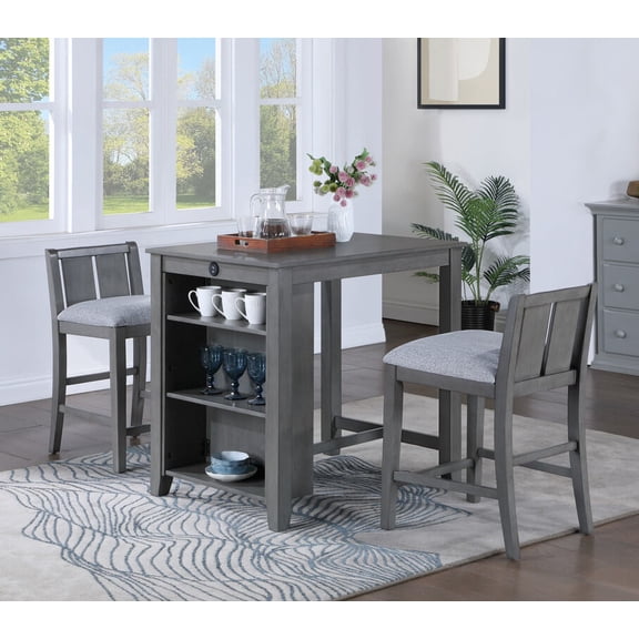 Kitchen Sets, Gregorio 36" 3-Piece Gray Finish Small Space Counter Height Dining Table with Shelves and 2 Chairs, Gray Dining Sets,Wood Dining and Kitchen Sets, Furniture Dining and Kitchen Sets