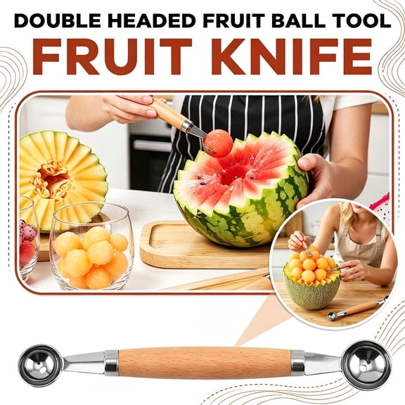 Kitchen Sets for Home Add-On, Double Sided Stainless Steel Melon Baller, Convenient Dual Small Scoop and Large Scoop Fruit Tool, 8 Inch Wooden Grip Fruit Segmentation Scoop, Heavy