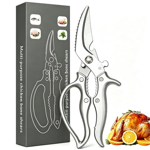 Kitchen Shears, Spring Loaded Multipurpose Scissors with Non-Slip Handle & Safety Lock, for Chicken, Turkey, Meat, Fish, Vegetables, Dishwasher Safe