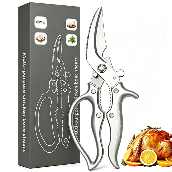 Kitchen Shears, Spring Loaded Multipurpose Scissors with Non-Slip Handle & Safety Lock, for Chicken, Turkey, Meat, Fish, Vegetables, Dishwasher Safe
