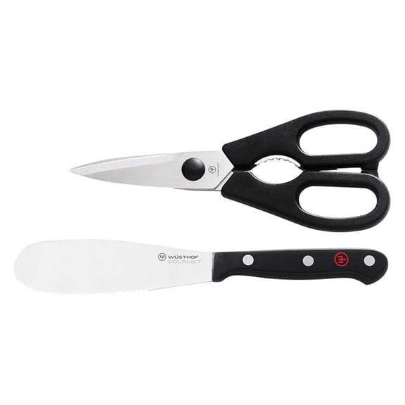 Kitchen Shears and Spreader Set - 2 Piece Gourmet Stainless Steel Cutlery - Black Handles - Solingen Germany - Razor Sharp Blades - Food Prep Tools