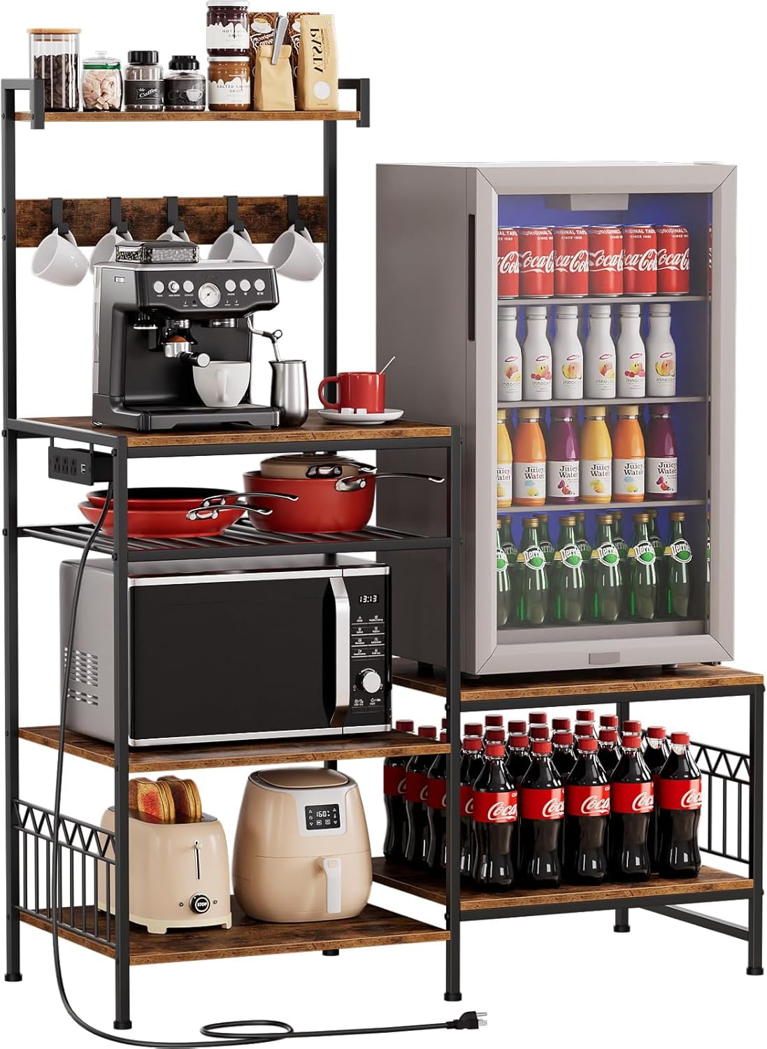Kitchen Shelf Bakers Rack with Power Outlet, Mini Fridge and Microwave Stand Coffee Bar Table with S-Hooks, Storage Shelf Rack for Spices, Pots and Pans - Rustic Brown