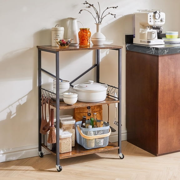 Kitchen Shelf Cart, 3-Tier Microwave Oven Stand, Baker’s Rack with Metal Frame and 8 Hooks, Industrial Printer Stand, Utility Standing Storage Shelf for Coffee , Simple Assembly