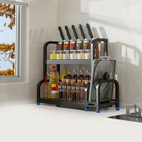 Kitchen Shelf Floor Seasoning Spice Rack Supplies Knife Rack 2 Tier Countertop Rack Oil Vinegar Storage Storage Racks, Usupdd 2025 Kitchen Shelf Floor Seasoning Spice